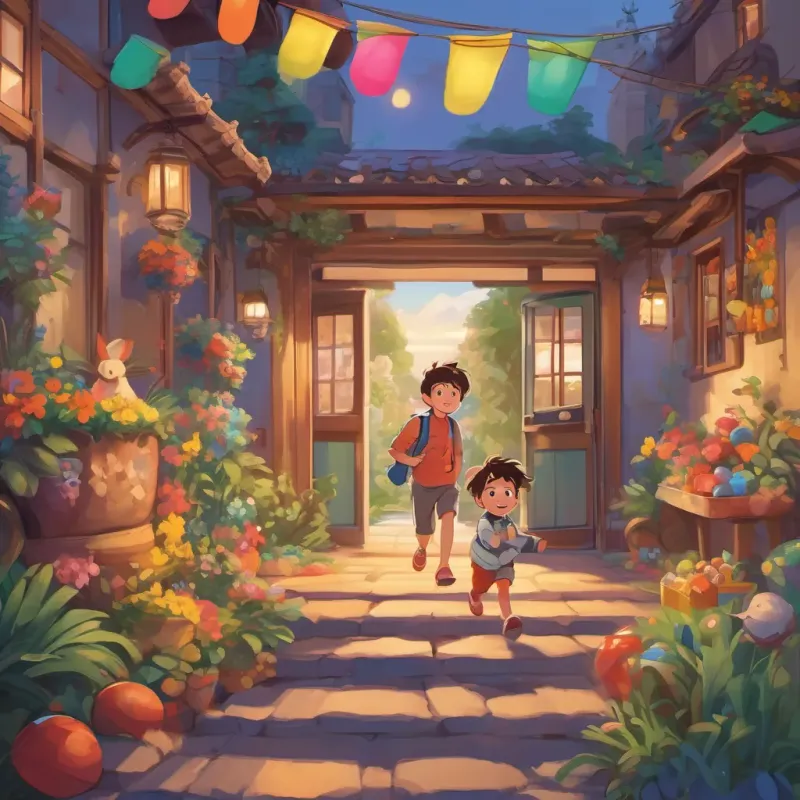A sleepy boy with tousled hair, wearing comfortable pajamas, a mischievous smile, surrounded by colorful toys smiling confidently, running out the door, with A cheerful girl in vibrant clothes, always with a lively expression, beckoning and inviting adventures waiting for him outside, both ready for adventure.