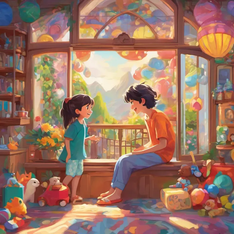 A cheerful girl, A cheerful girl in vibrant clothes, always with a lively expression, beckoning and inviting adventures, in colorful clothes, peering into A sleepy boy with tousled hair, wearing comfortable pajamas, a mischievous smile, surrounded by colorful toys’s window and beckoning him energetically.