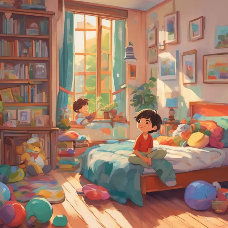 A sleepy boy with tousled hair, wearing comfortable pajamas, a mischievous smile, surrounded by colorful toys laying in bed, stretching and yawning, while A cheerful girl in vibrant clothes, always with a lively expression, beckoning and inviting adventures stands at the window looking disappointed but determined.