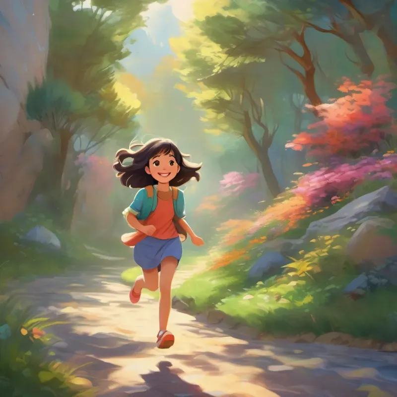 A cheerful girl in vibrant clothes, always with a lively expression, beckoning and inviting adventures running joyfully, her feet barely touching the ground, resembling the lightness and rhythm of a skipping stone.
