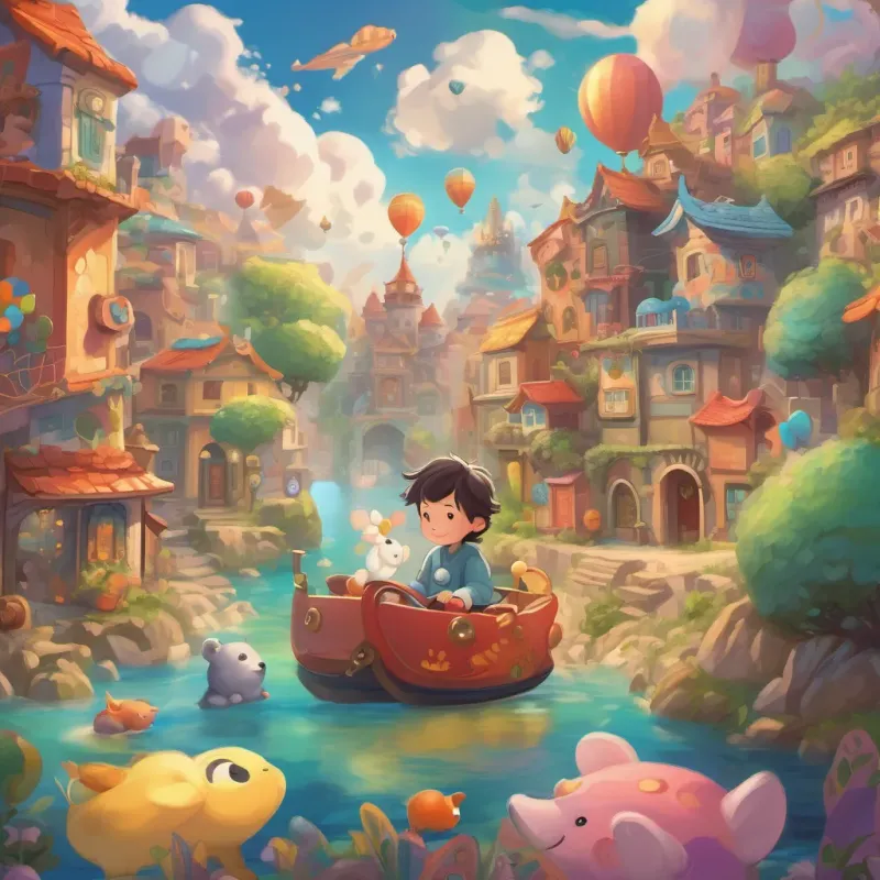 A sleepy boy with tousled hair, wearing comfortable pajamas, a mischievous smile, surrounded by colorful toys dreaming, floating among clouds in a whimsically enchanting land with colorful buildings and playful animals.