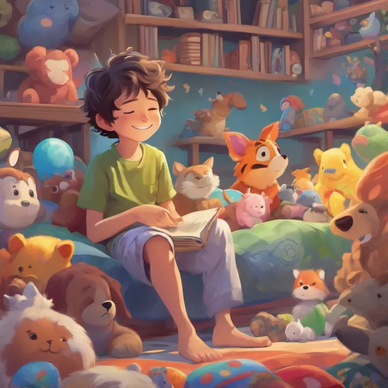 A sleepy boy with tousled hair, wearing comfortable pajamas, a mischievous smile, surrounded by colorful toys looking restless in his dreamland, staring at a group of active animals having fun in the distance.