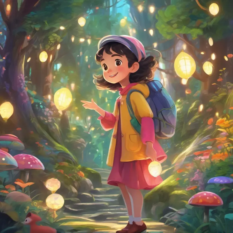 A cheerful girl in vibrant clothes, always with a lively expression, beckoning and inviting adventures energetically exploring a magical forest with twinkling lights and whimsical, colorful creatures.