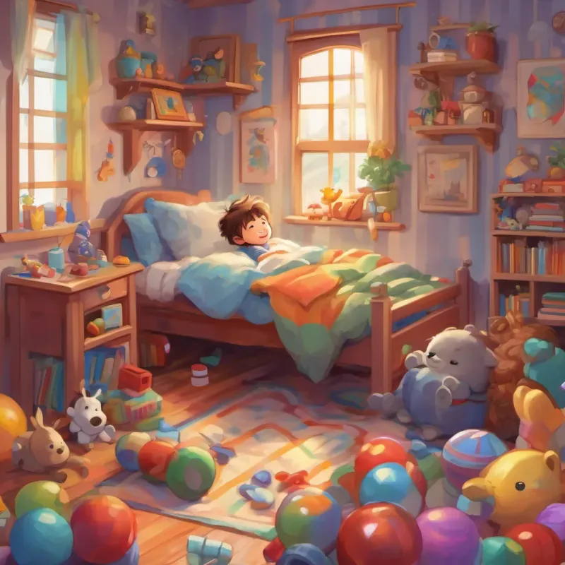 A sleepy boy with tousled hair, wearing comfortable pajamas, a mischievous smile, surrounded by colorful toys sitting up in bed, eyes wide open with realization, ready to leap out and embrace the day.