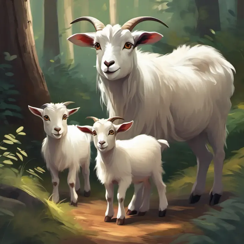 In the forest, little goats and their mother. Warning about the Gray fur, cunning eyes.