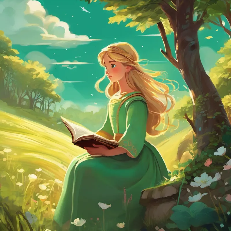 Once upon a time, in a magical land far, far away, there lived a young girl named Aurora. Aurora was a curious and imaginative 14-year-old girl with a heart filled with kindness and a thirst for adventure. One sunny afternoon, as Aurora was exploring the outskirts of her village, she stumbled upon a peculiar, ancient book. It was bound with a dusty cover and had intricate drawings of magical creatures on its pages. Aurora could feel the book calling out to her, urging her to open it and uncover its secrets.