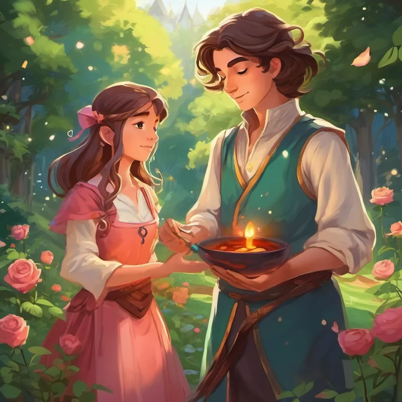 The story followed two sorcerers named Benjamin and Celeste. Benjamin, a young apprentice, was an expert at potions, charms, and illusions. Celeste, an accomplished sorceress, was renowned for her kind heart and immense powers of healing. One sunny morning, while the two sorcerers were practicing spells in a beautiful meadow, they stumbled upon an enchanted rose. This magical rose had the power to unite two souls destined to love each other, but there was a catch—it would only bloom once its petals had been touched by true love.