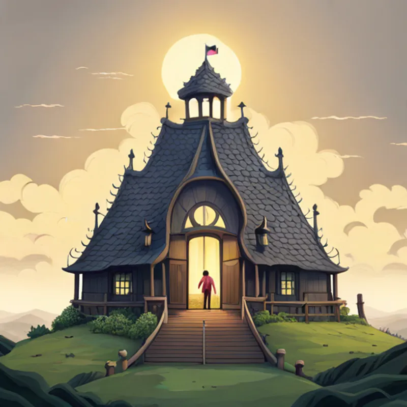 Brainy in his house with a skull-shaped roof