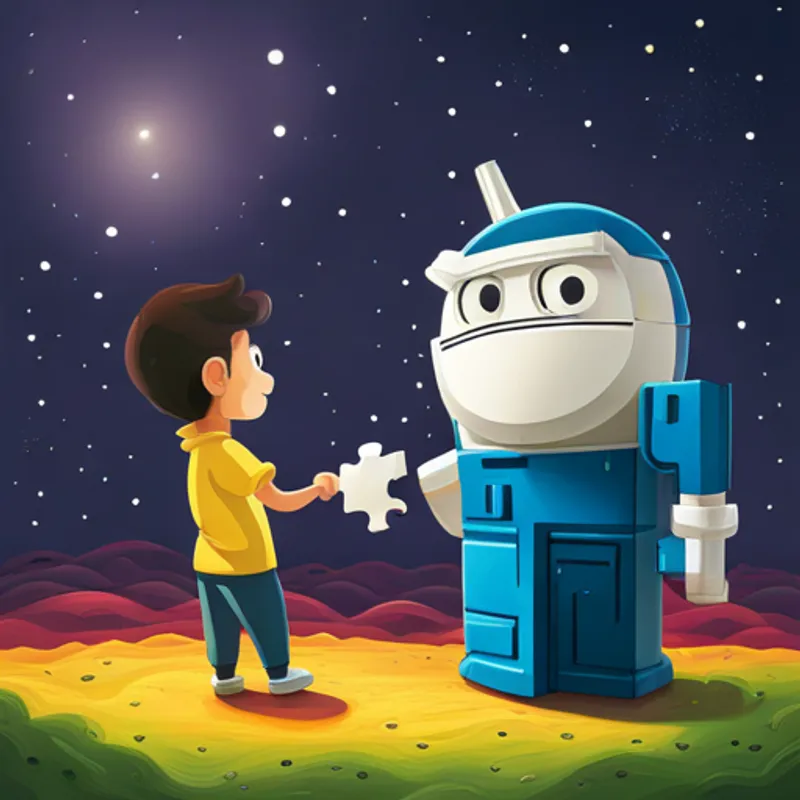 Brainy and Sparky with a puzzle piece and a helping hand