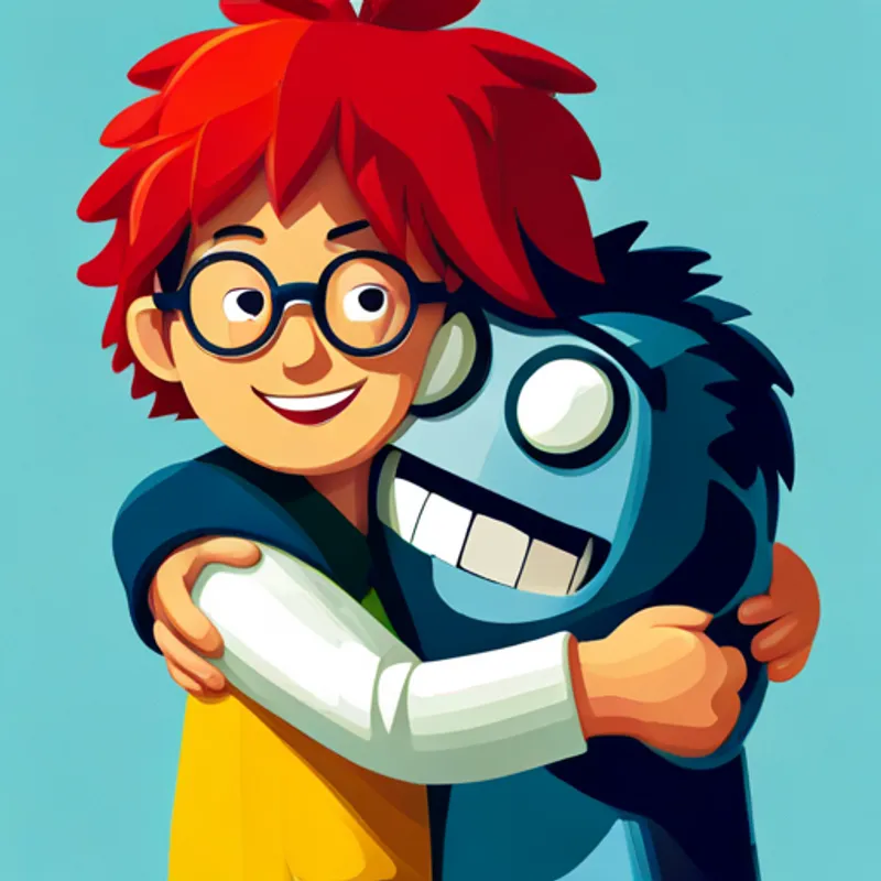 Brainy and Sparky hugging with big smiles