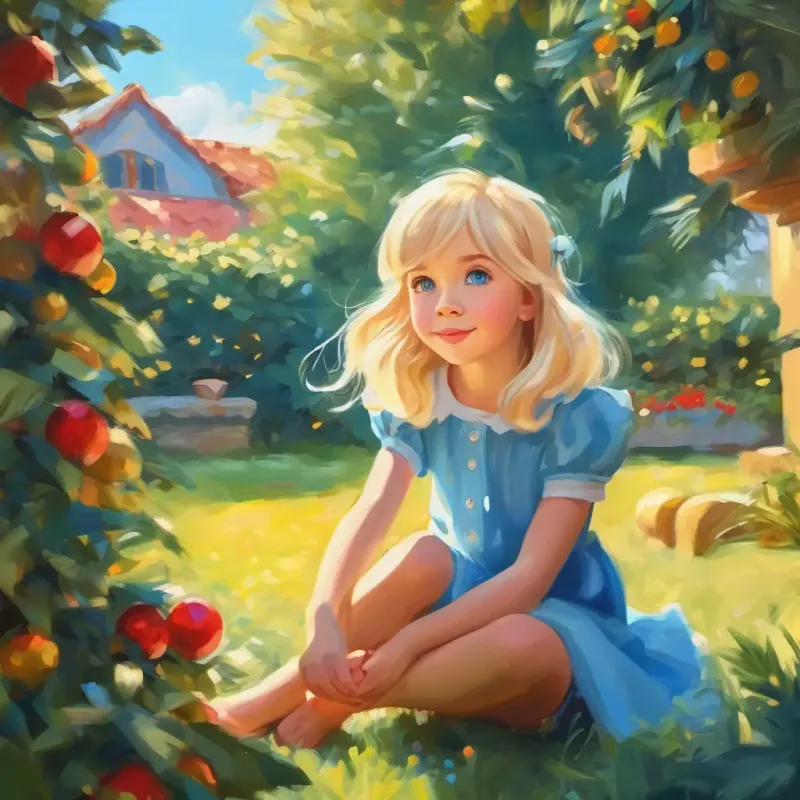 Bright blonde hair, sparkling blue eyes, curious and determined playing in a sunny garden, dreaming of her future.