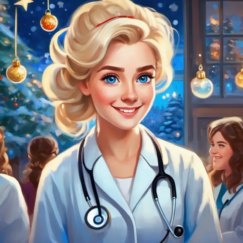 Bright blonde hair, sparkling blue eyes, curious and determined imagining herself as a doctor, surrounded by smiling patients.