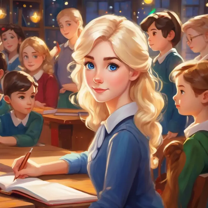 Bright blonde hair, sparkling blue eyes, curious and determined envisioning herself as a teacher, surrounded by eager students.