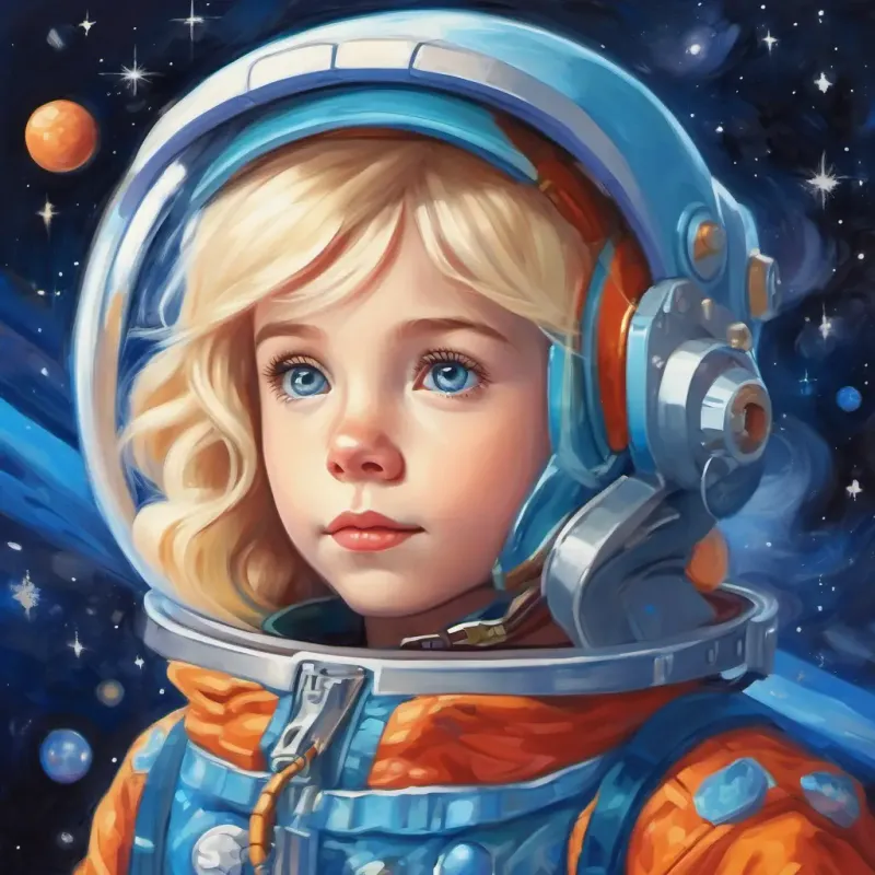 Bright blonde hair, sparkling blue eyes, curious and determined imagining herself as an astronaut, surrounded by the vastness of space.