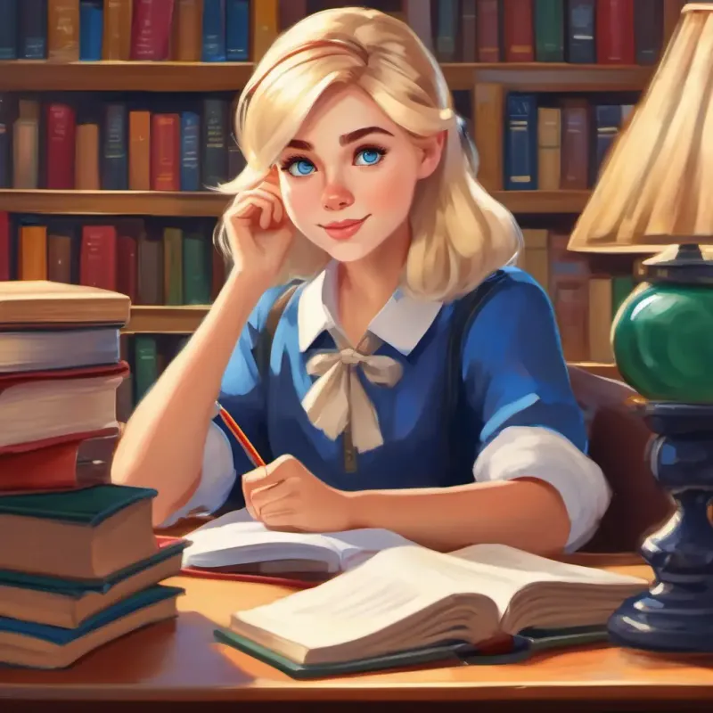 Bright blonde hair, sparkling blue eyes, curious and determined studying at her desk, surrounded by books and school supplies.