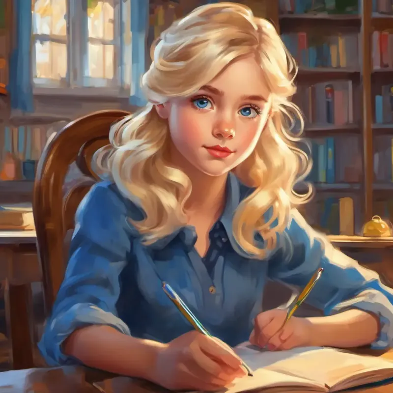 Bright blonde hair, sparkling blue eyes, curious and determined asking questions in class, determined and curious.