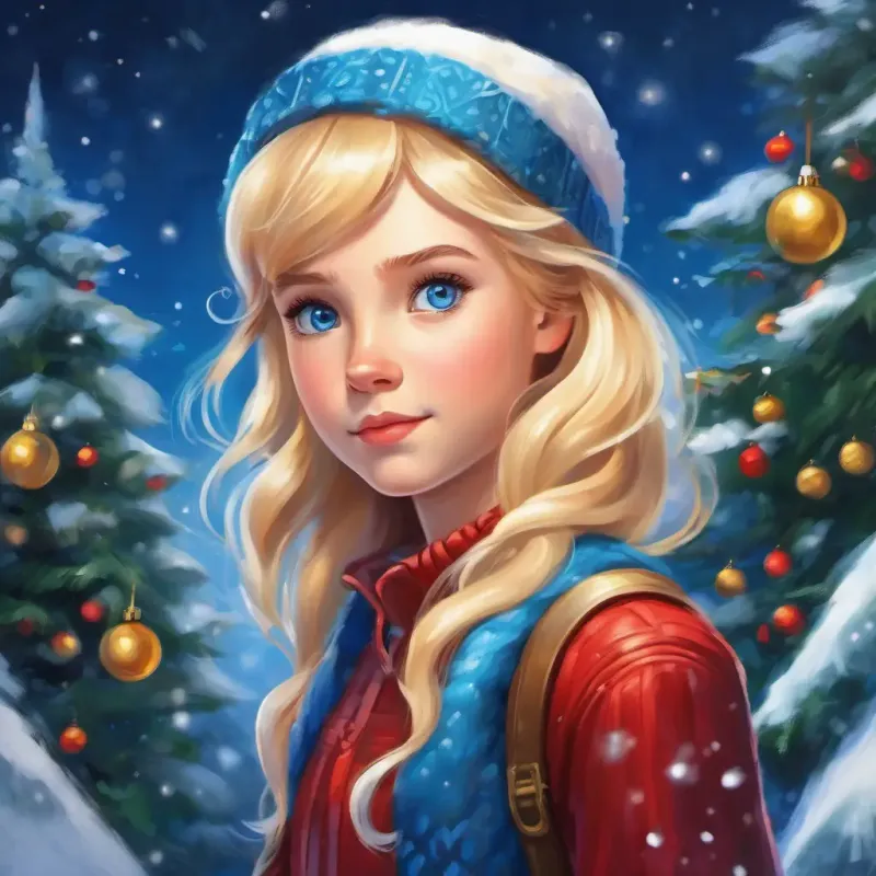 Bright blonde hair, sparkling blue eyes, curious and determined standing tall, with a look of determination on her face.