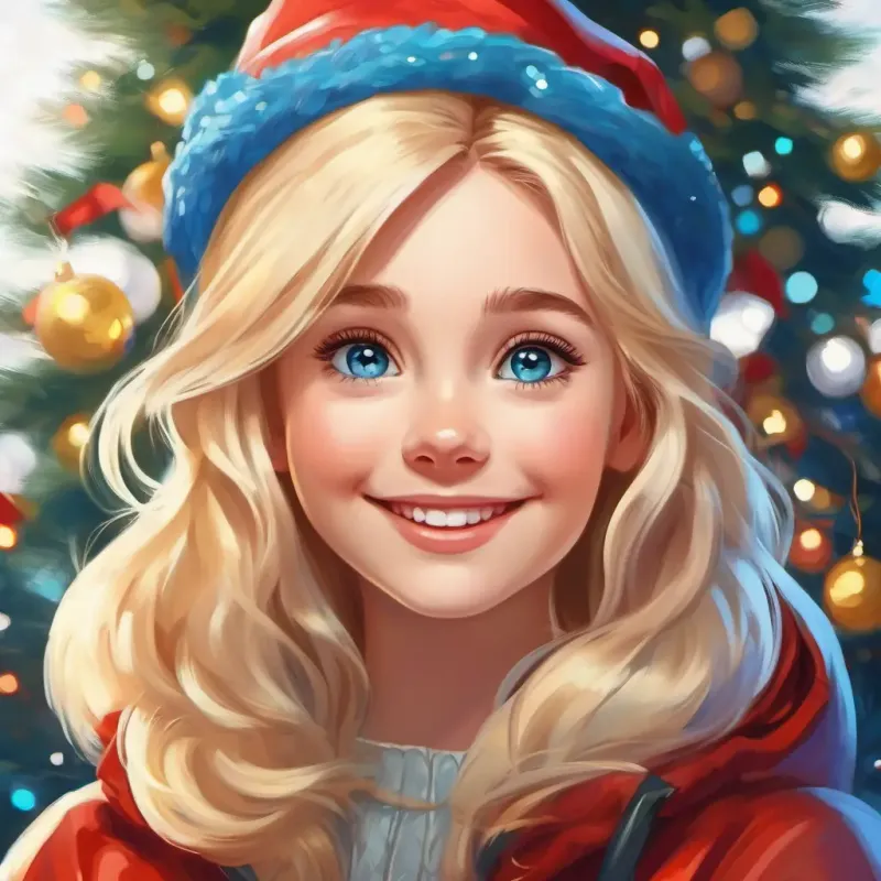 Bright blonde hair, sparkling blue eyes, curious and determined smiling, with a sparkle of hope and excitement in her eyes.