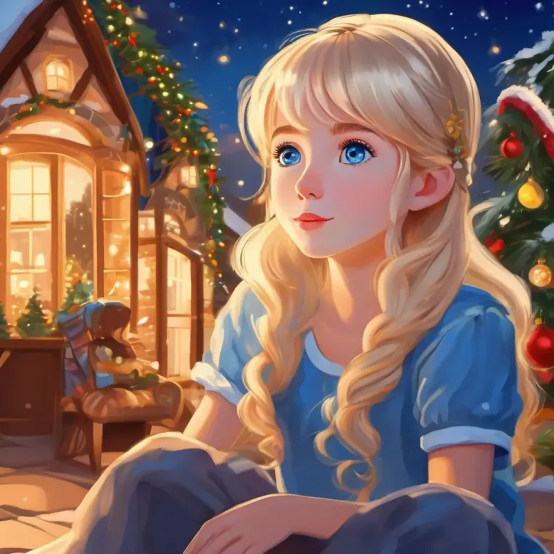 Bright blonde hair, sparkling blue eyes, curious and determined sitting under the evening sky, getting ready to dream once more.