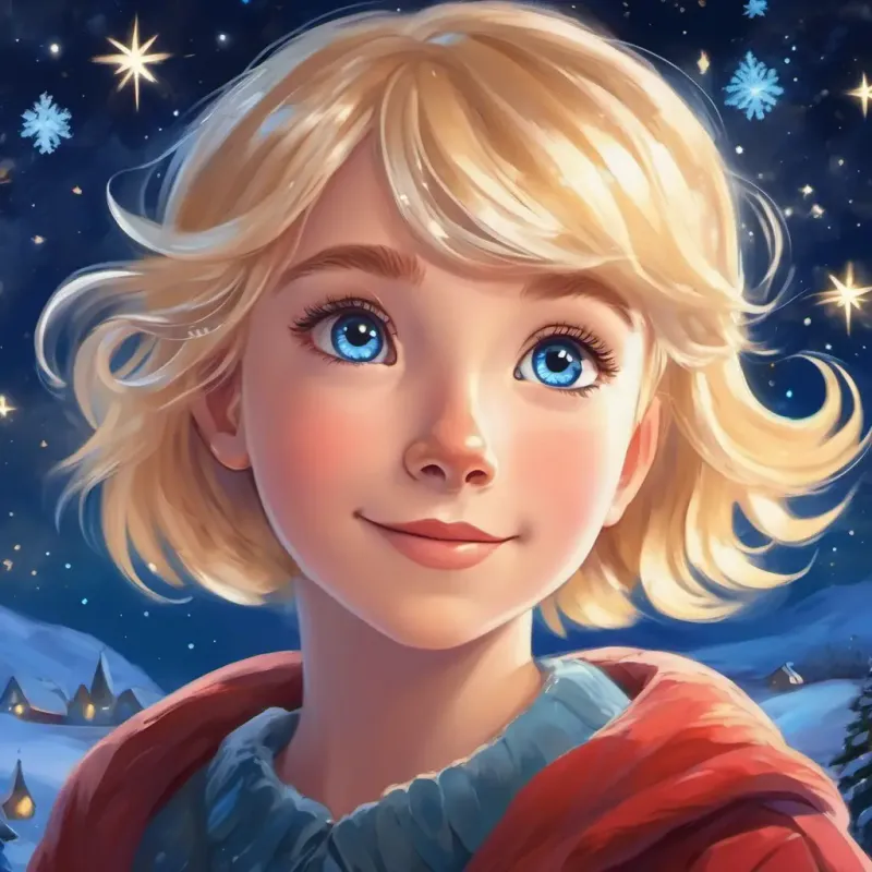 Bright blonde hair, sparkling blue eyes, curious and determined happily looking at the stars, feeling content and full of hope.