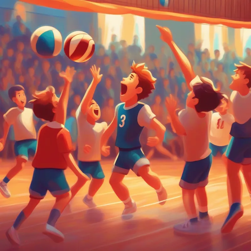 Intense volleyball game, shouts and cheers, diving and sliding