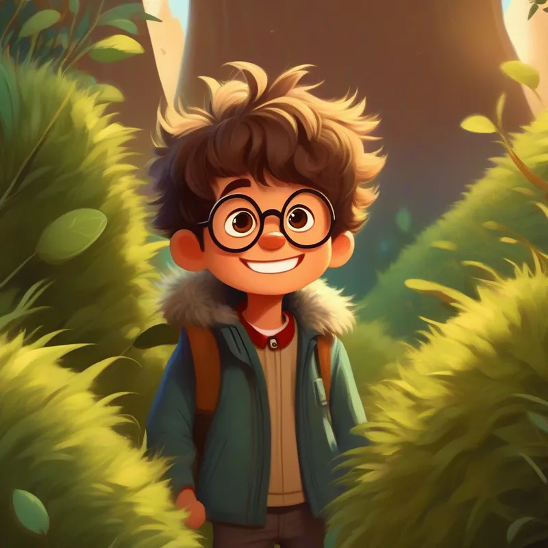 Curious boy with messy hair, glasses, and a big smile and Friendly beast with fuzzy brown fur, big round eyes, and a wagging tail using jackets to protect themselves from prickly bushes, clever and cautious