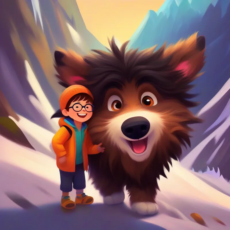Curious boy with messy hair, glasses, and a big smile and Friendly beast with fuzzy brown fur, big round eyes, and a wagging tail at the mountain peak, triumph and celebration, colorful and vibrant