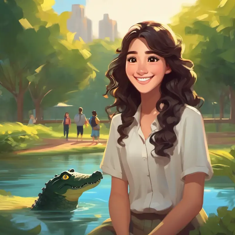 Curly brown hair, brown eyes, bright smile and Long black hair, kind eyes, warm smile encounter the crocodiles at the park, feeling amazed.