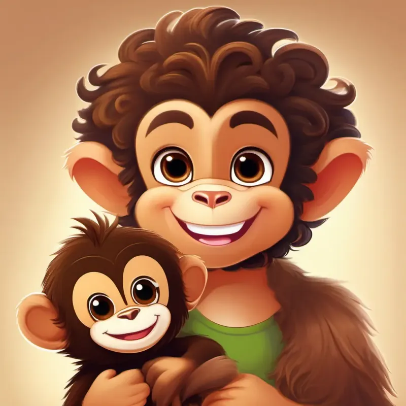 Curly brown hair, brown eyes, bright smile encounters a playful monkey named Brown fur, mischievous eyes, long tail and they share a playful exchange.