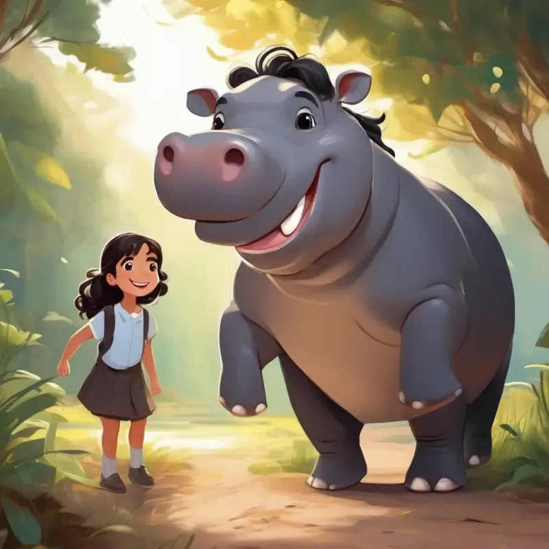 Curly brown hair, brown eyes, bright smile and Long black hair, kind eyes, warm smile interact with a friendly hippo named Grey skin, big teeth, friendly eyes.