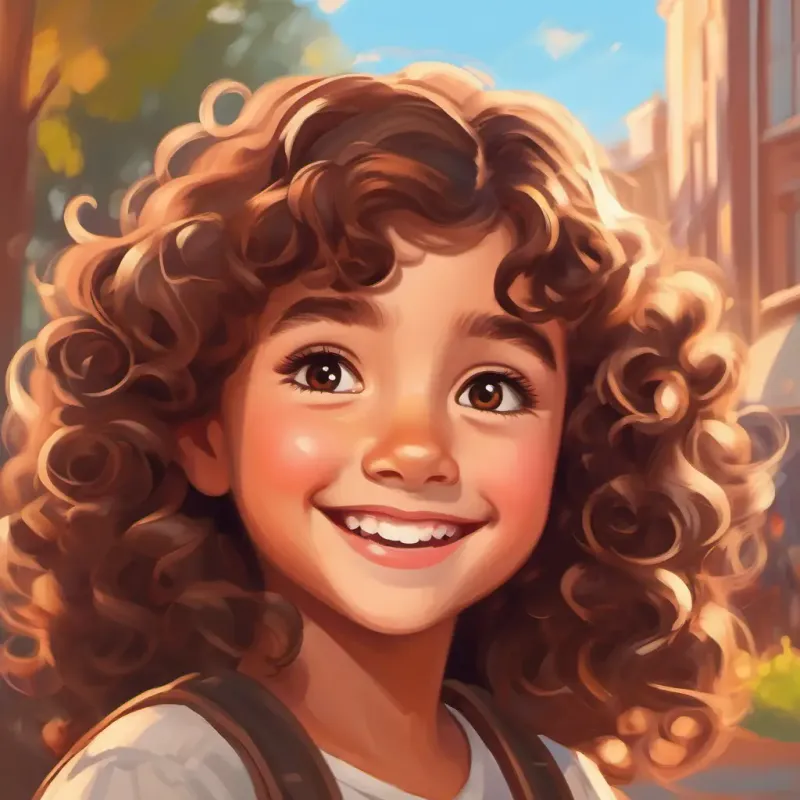 Curly brown hair, brown eyes, bright smile reflects on her exciting day at Crocro Park with her mom.
