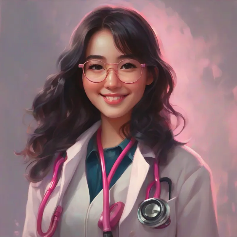 Long dark hair, pink glasses, caring smile wearing a white coat and holding a stethoscope