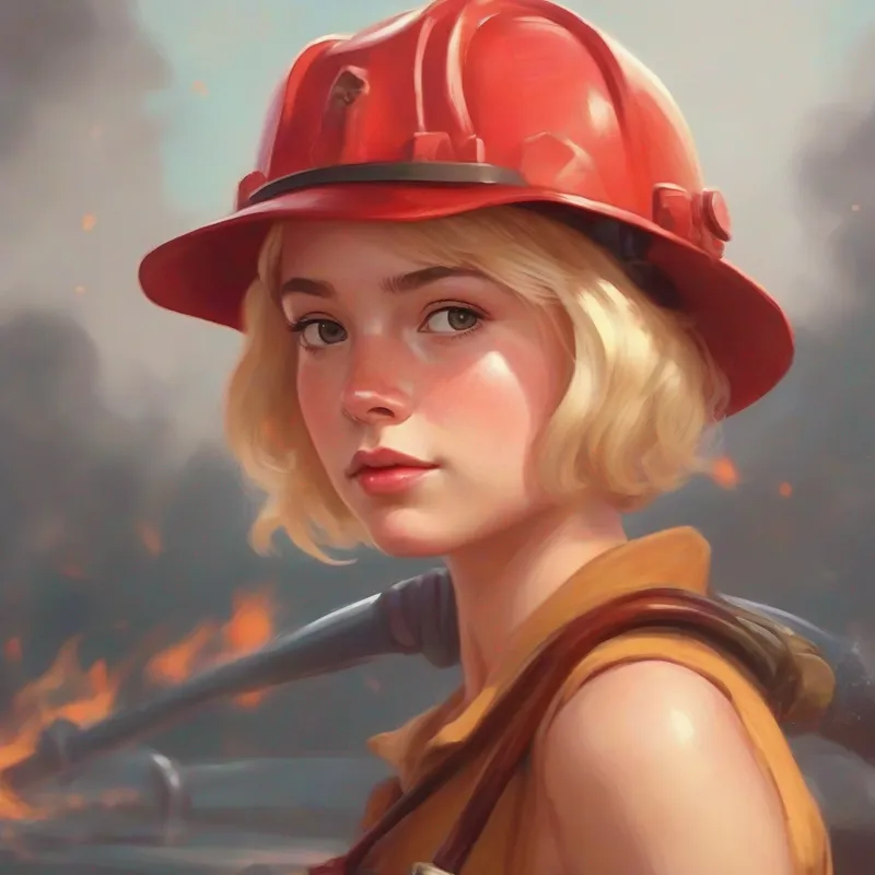 Short blonde hair, freckles, determined expression wearing a red fire hat and holding a hose