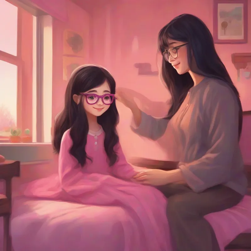 Long dark hair, pink glasses, caring smile comforting a sick girl