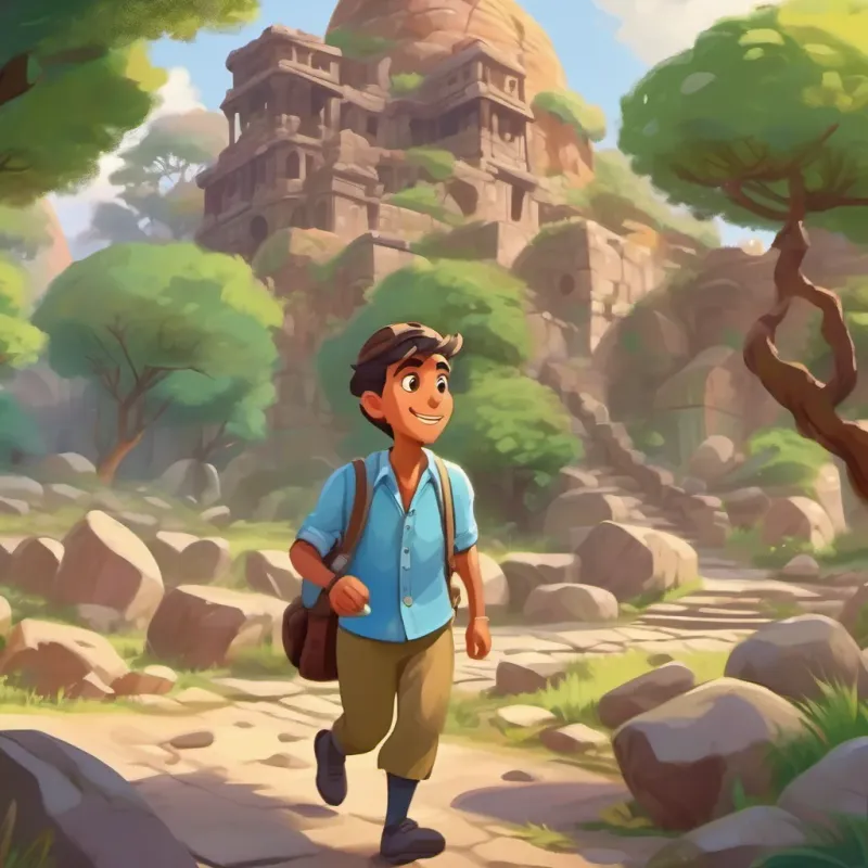 A whimsical, colorful illustration of an enthusiastic geologist walking through an ancient-looking British cantonment in India, with various stones in his hand.