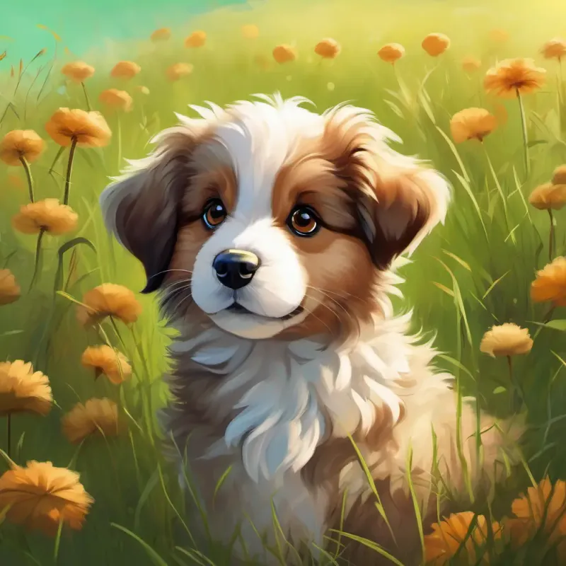 A playful puppy with fluffy brown fur and big brown eyes, a playful puppy with fluffy brown fur and big brown eyes, is standing in a green meadow, ready to start his journey to the North Pole.