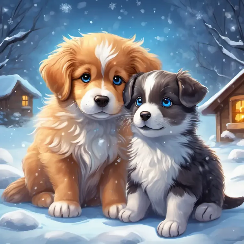 A playful puppy with fluffy brown fur and big brown eyes is sitting next to a small seal pup with soft white fur and sparkling blue eyes. Snowflakes are falling gently around them.