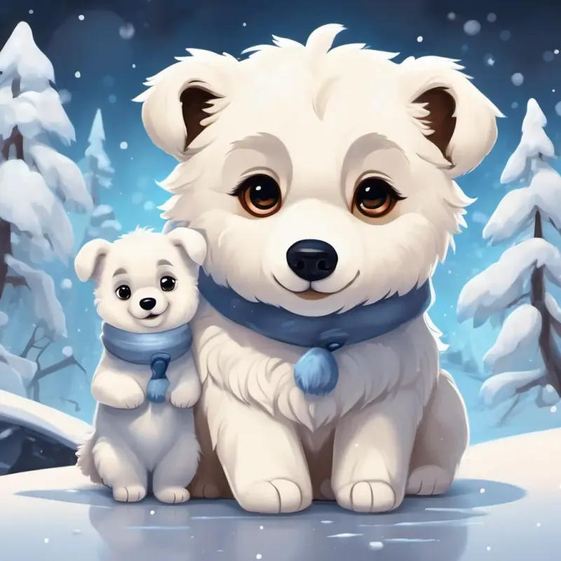 A playful puppy with fluffy brown fur and big brown eyes is surrounded by white ice and snow. Next to him is a cute A cute baby polar bear with fluffy white fur and round black eyes with fluffy white fur and round black eyes.