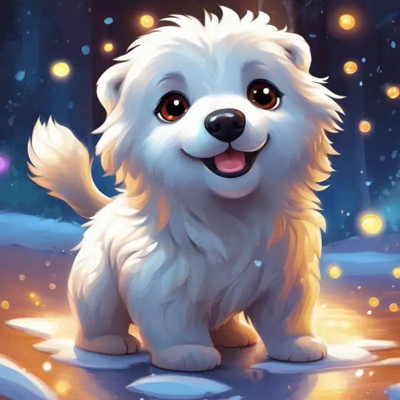 A playful puppy with fluffy brown fur and big brown eyes, the A small seal pup with soft white fur and sparkling blue eyes, and the A cute baby polar bear with fluffy white fur and round black eyes are happily running and playing on the sparkling ice. Colorful lights and magical snowflakes surround them.