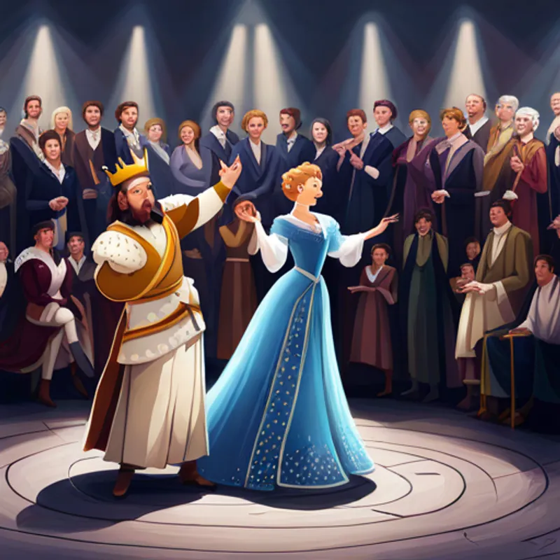 King and queen smiling and clapping as Arabella dances on a stage