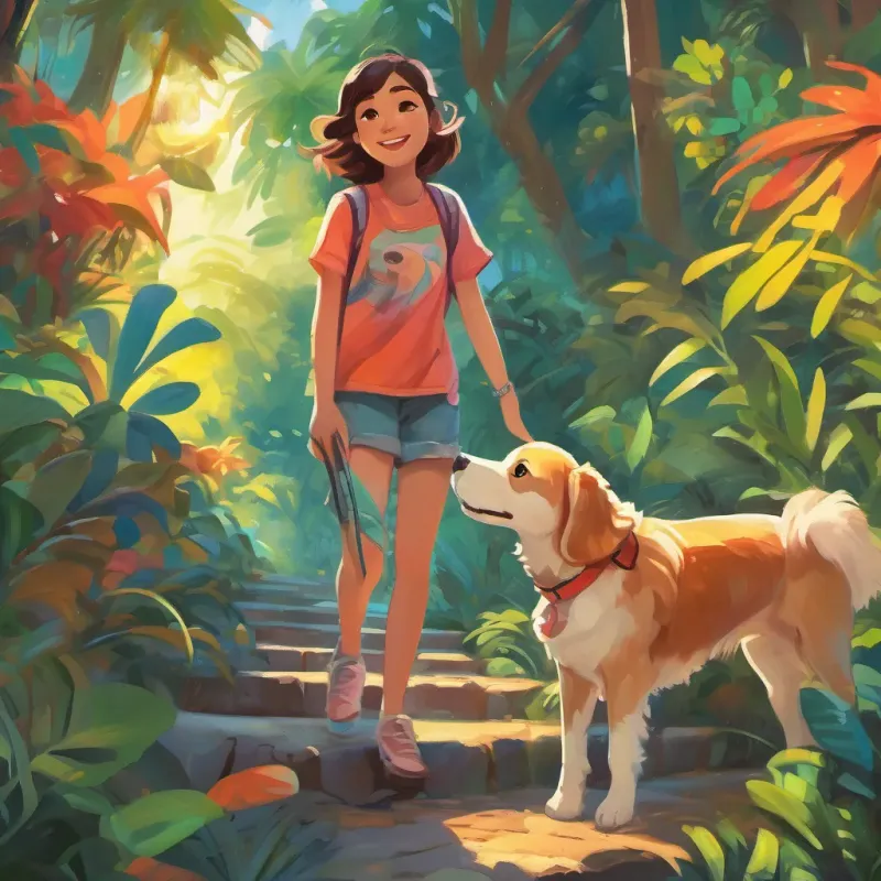 A happy dog named A playful, adventurous dog with a bright personality and her friend A cheerful girl with an adventurous spirit and a big smile, a cheerful girl, standing at the edge of a colorful jungle with a bright sun overhead, looking adventurous.