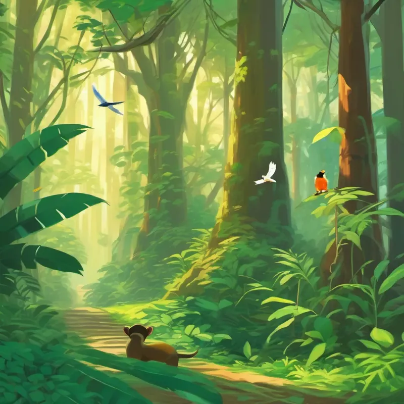 Tall, thick trees with emerald-green leaves, a narrow jungle path, birds chirping in the trees, monkeys chattering nearby.