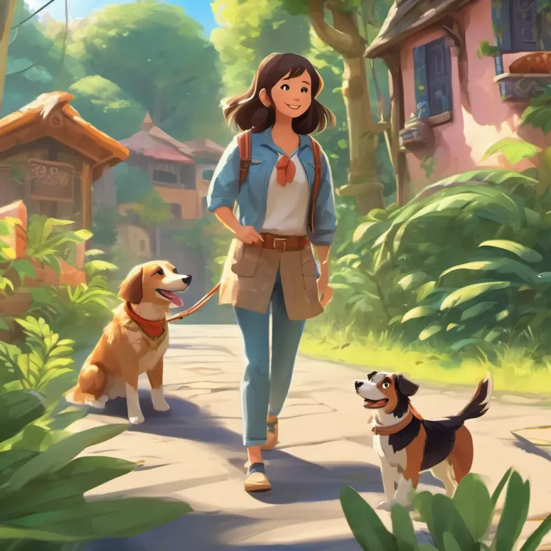 A playful, adventurous dog with a bright personality and A cheerful girl with an adventurous spirit and a big smile back in their small, sunny town, ready to share their jungle adventure stories with everyone.