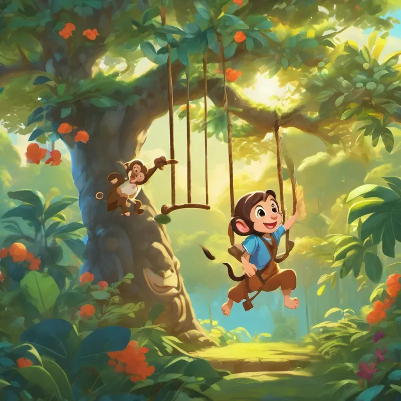 A curious monkey named A curious and energetic monkey who loves swinging from trees popping out of the bushes, swinging from tree to tree, A playful, adventurous dog with a bright personality and A cheerful girl with an adventurous spirit and a big smile following happily.
