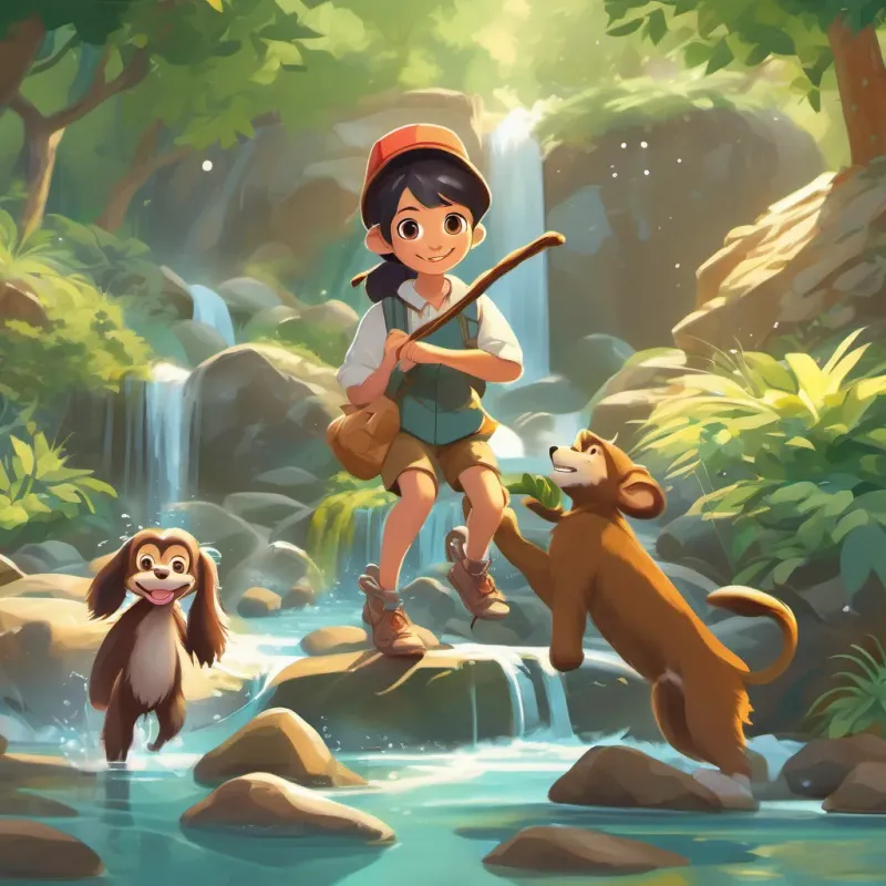 A sparkling stream with water dancing over rocks, A playful, adventurous dog with a bright personality and A cheerful girl with an adventurous spirit and a big smile splashing in the water, A curious and energetic monkey who loves swinging from trees balancing on a log.
