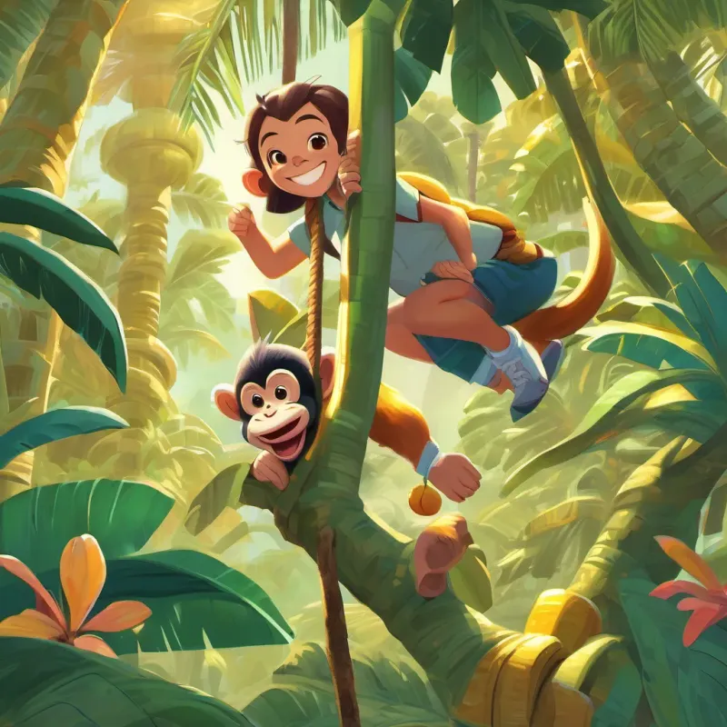 A grove of banana trees, A curious and energetic monkey who loves swinging from trees the monkey picking ripe bananas and sharing them with A playful, adventurous dog with a bright personality and A cheerful girl with an adventurous spirit and a big smile.