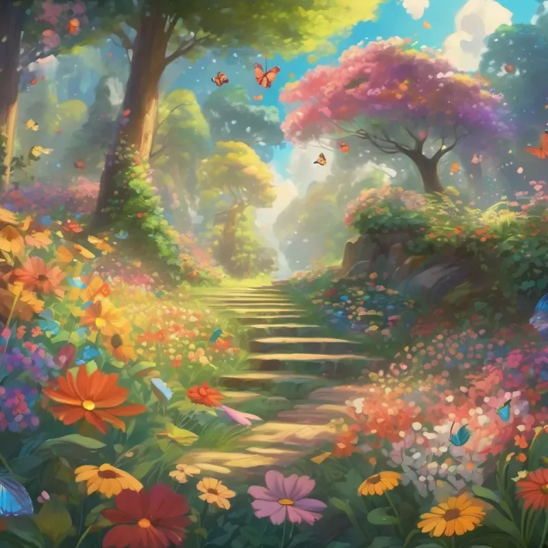 A magical clearing filled with colorful, dancing flowers, butterflies fluttering around like living rainbows.