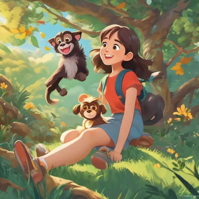 A playful, adventurous dog with a bright personality, A cheerful girl with an adventurous spirit and a big smile, and A curious and energetic monkey who loves swinging from trees laying on soft grass in the clearing, looking up at the sky with clouds forming shapes of various animals.
