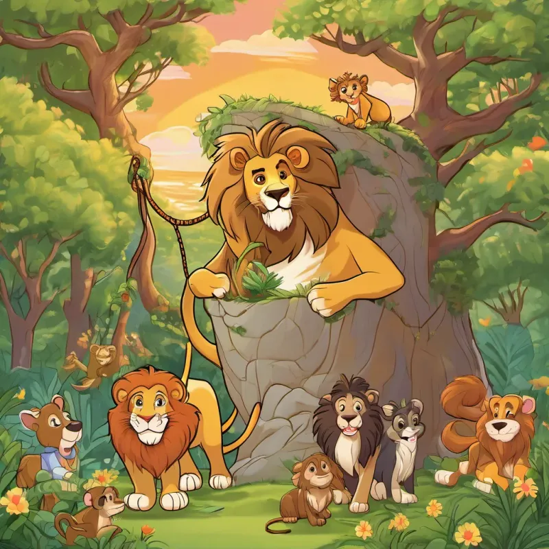 A friendly lion who is the king of the jungle and loves telling stories the Lion, the friendly king of the jungle inviting A playful, adventurous dog with a bright personality, A cheerful girl with an adventurous spirit and a big smile, and A curious and energetic monkey who loves swinging from trees to his den as the sun sets.