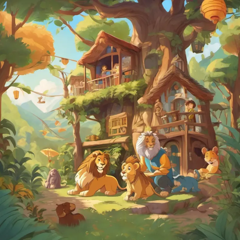 A cozy den with A friendly lion who is the king of the jungle and loves telling stories the Lion telling stories around a crackling fire, A playful, adventurous dog with a bright personality, A cheerful girl with an adventurous spirit and a big smile, and A curious and energetic monkey who loves swinging from trees listening with wide eyes.